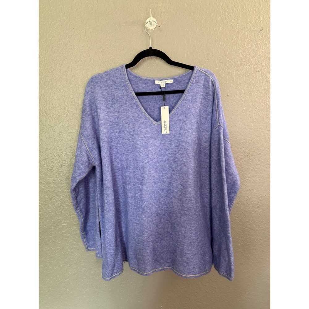Chicos Vibrant Iris V-Neck Pullover Sweater Contrast Stitch Blue 3 XL Soft Girl